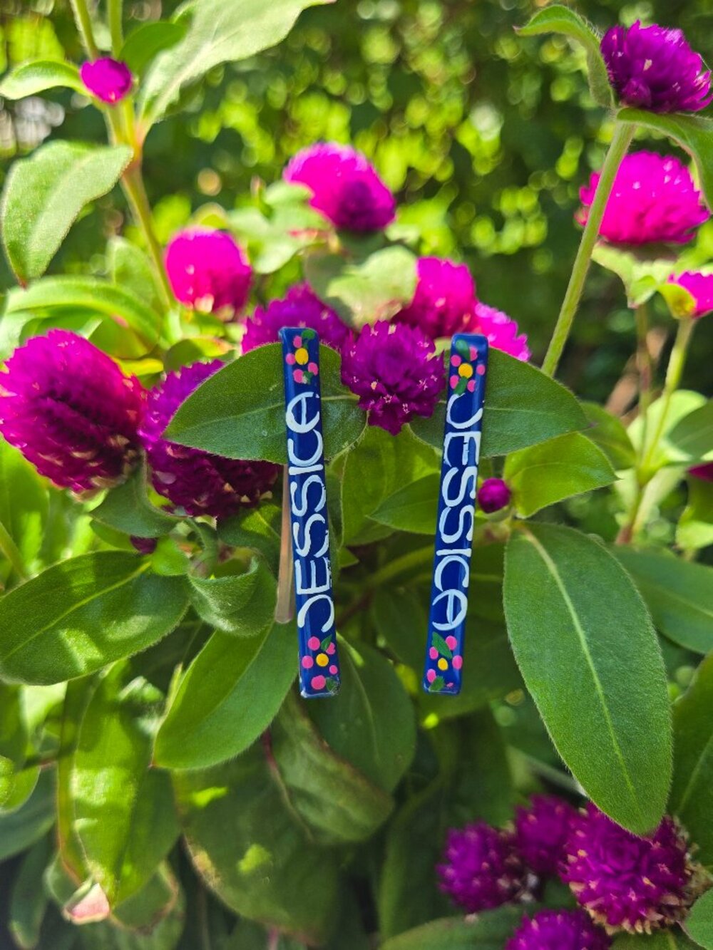 "Jessica" Custom Name Hair Clips Pair - Blue Confetti & Glitter Y2K Barrette Set